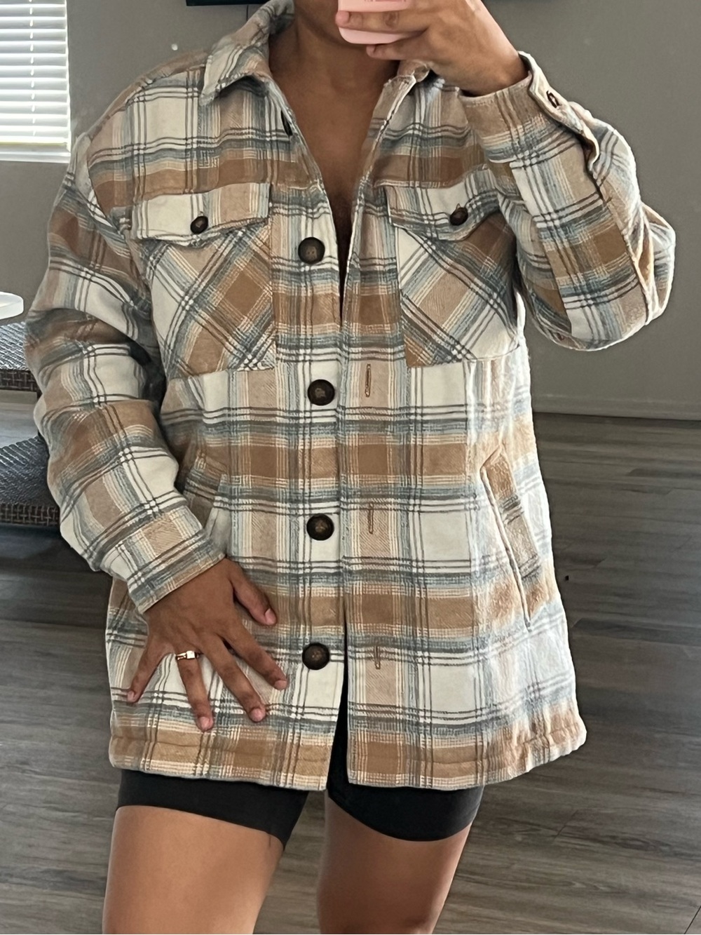 Plaid Shacket Jacket in Cream and Tan - Women